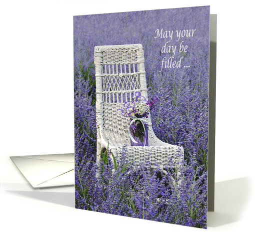 mason jar with floral bouquet on wicker chair in Russian Sage card