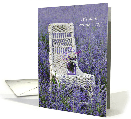 Name Day bouquet in mason jar on a chair in Russian Sage card