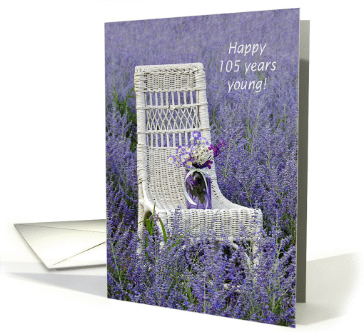 105th Birthday-mason jar with bouquet on a chair in Russian sage card