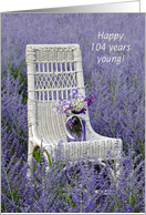 104th Birthday, mason jar with bouquet on a chair in Russian sage card