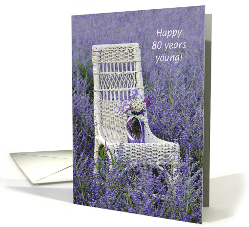 80th Birthday, mason jar with bouquet on chair in Russian sage card