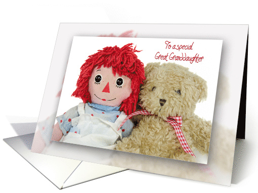 Great Granddaughter's Birthday old rag doll with teddy bear card