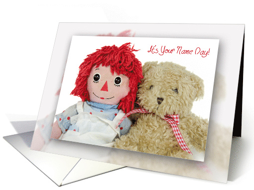 Name Day old rag doll with teddy bear on white card (1305632)