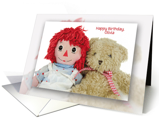 Birthday with name specific, old rag doll with brown teddy bear card