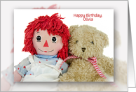 Birthday with name specific, old rag doll with brown teddy bear card