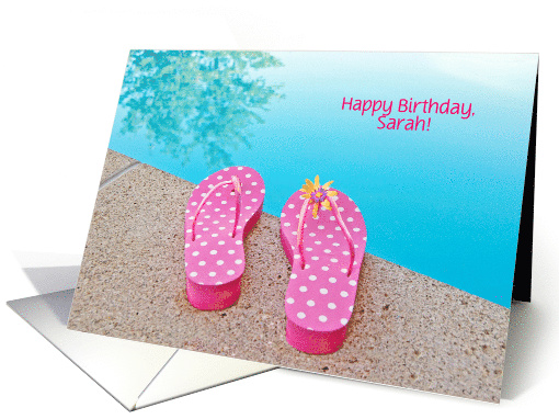 Name Specific Birthday, polka dot sandals by swimming pool card