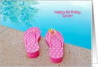 Name Specific Birthday, polka dot sandals by swimming pool card