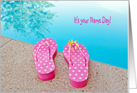 Name Day for Friend-polka dot flip-flops by swimming pool card