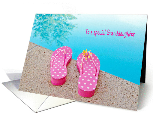 Birthday for Granddaughter-polka dot flip-flops by swimming pool card