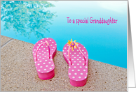 Birthday for Granddaughter-polka dot flip-flops by swimming pool card