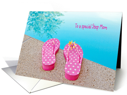 Birthday for Step Mom-polka dot flip-flops by swimming pool card