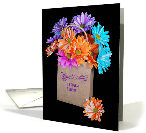 Birthday for Cousin, colorful daisy bouquet in a brown paper bag card
