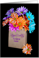 Birthday for Cousin, colorful daisy bouquet in a brown paper bag card