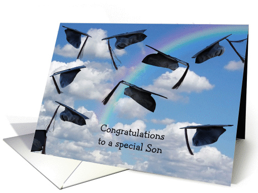 Son's Graduation-graduation hats in sky with rainbow card (1315042)