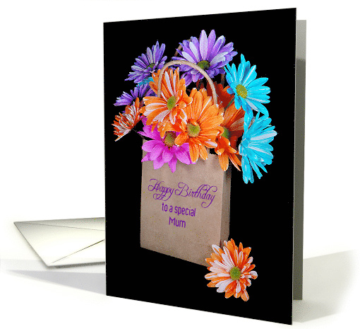 Mum's Birthday, colorful daisy bouquet in brown paper bag card
