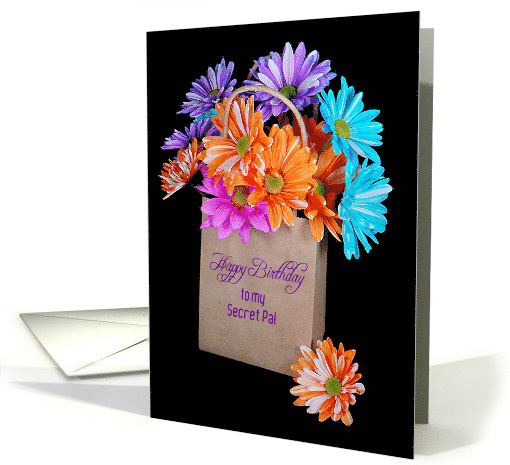 Secret Pal's Birthday, colorful daisy bouquet in brown paper bag card