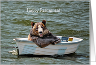Retirement smiling bear in small row boat card