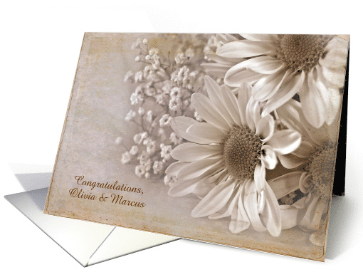 Wedding Congratulations with specific name-daisy bouquet in sepia card