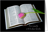 Loss of Grandma sympathy pink tulip on open Holy Bible on black card