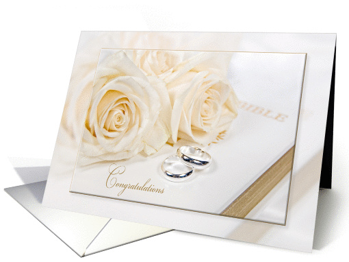 Cousin's wedding-white roses and rings on white Holy Bible card