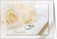 Cousin’s wedding-white roses and rings on white Holy Bible card