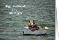 Son Retirement congratulations, smiling bear in tiny white boat card