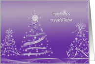 Teacher’s Christmas, white holiday trees on purple background card