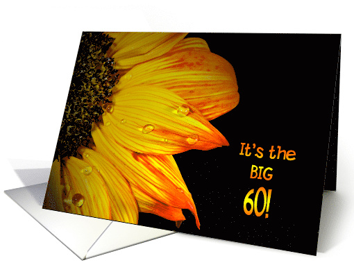 60th Birthday close up of a sunflower with water droplets card