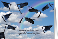 Granddaughter’s Graduation, black graduation hats in sky with rainbow card