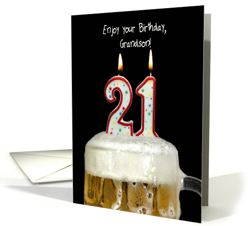 Grandson's 21st birthday candles in mug of beer on black card