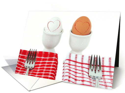 wedding anniversary, white and brown eggs in cups with forks card