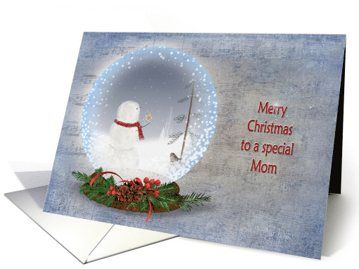 Christmas for Mom, snowman in snow globe on textured music card