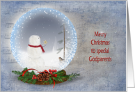 Christmas for Godparents-snowman in snow globe on textured music card