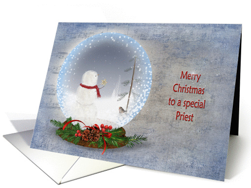 Christmas for Priest-snowman in snow globe on textured music card