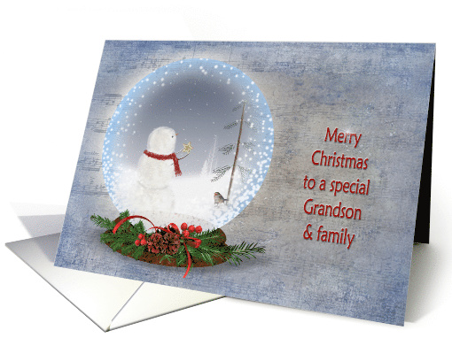Grandson and family's Christmas snowman with bird in snow globe card
