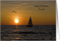 Friend’s Birthday, sailboat sailing at sunset with seagull card