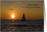 Grandpa’s Birthday sailboat sailing at sunset with seagull card