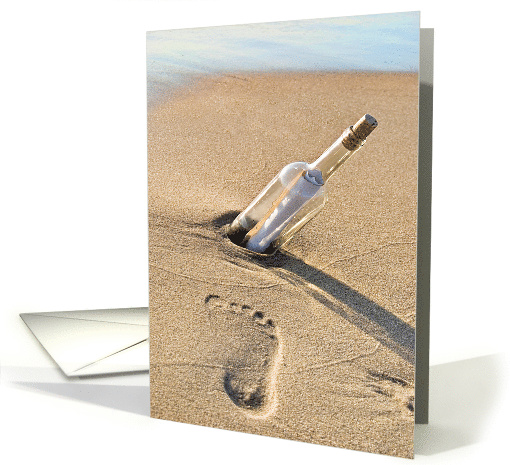 Miss You message in a bottle with footprint in beach sand card