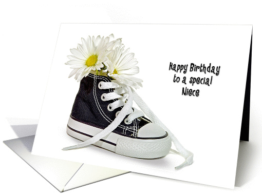 Niece's Birthday-white daisy bouquet in sneaker isolated on white card