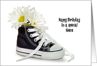 Niece’s Birthday-white daisy bouquet in sneaker isolated on white card