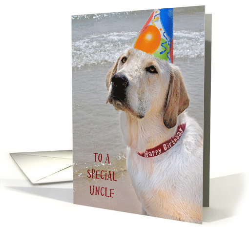 Uncle's Birthday Labrador Retriever with a party hat on a beach card