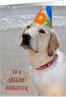 Daughter’s Birthday, Labrador Retriever with party hat on a beach card