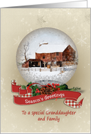 Season’s Greeting for Granddaughter and family-snow globe with barn card