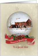 Season’s Greeting for Niece-snow globe with winter barn card