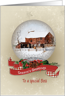 Season’s Greeting for Boss snow globe with winter barn card