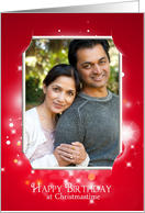 Birthday at Christmastime-photo card frame on bokeh lights on red card