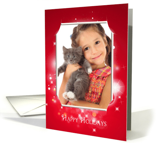 Happy Holidays-photo card frame with bokeh lights on red card