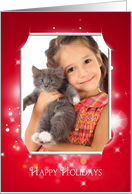 Happy Holidays-photo card frame with bokeh lights on red card