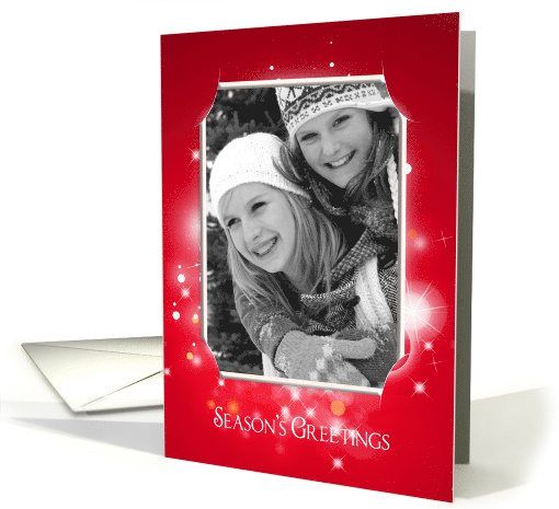 Season's Greetings-photo card frame with bokeh lights on red card