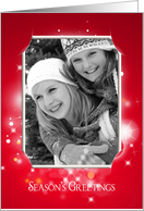 Season’s Greetings-photo card frame with bokeh lights on red card